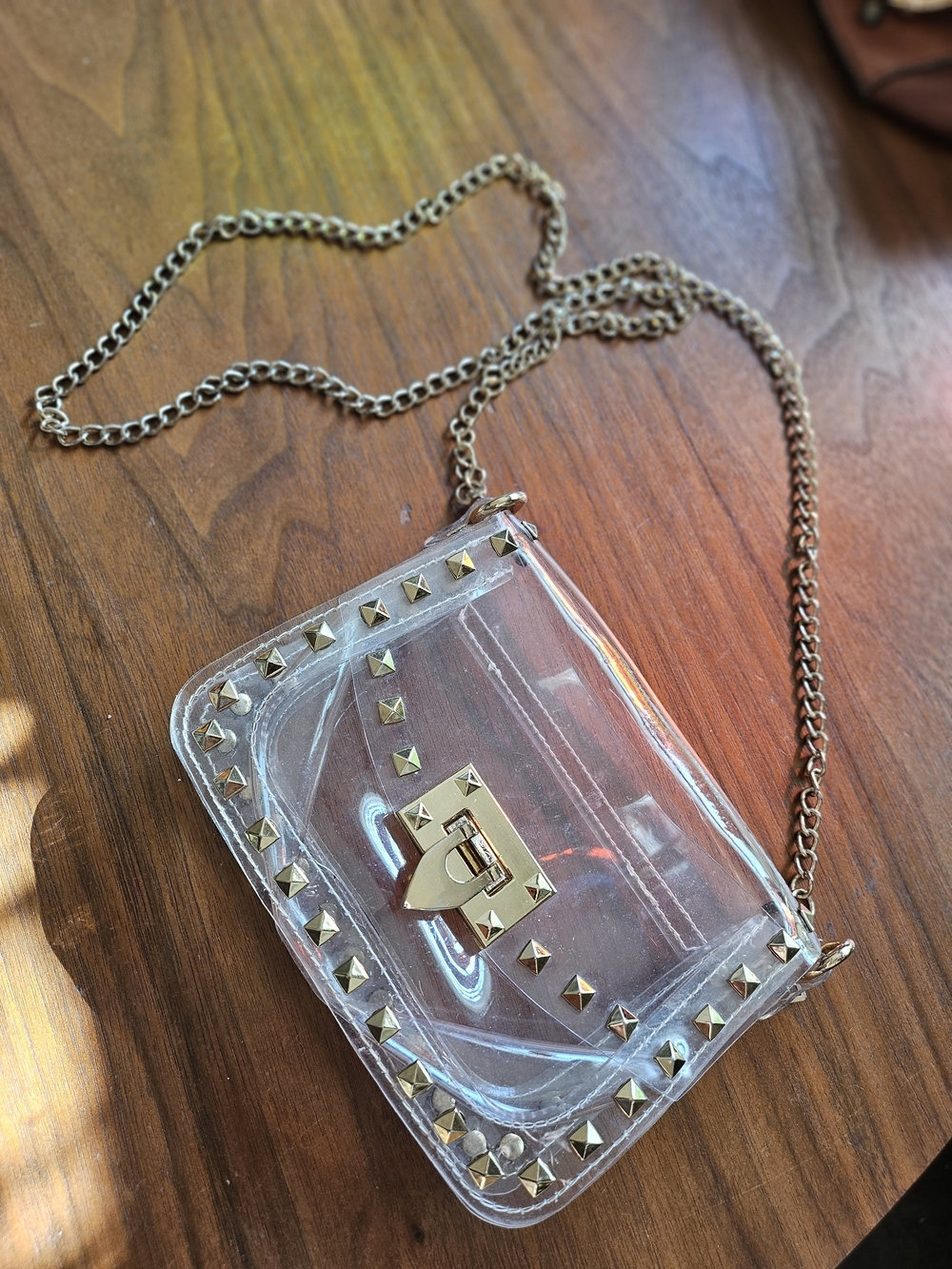 Clear Studded Game Day Concert Crossbody Bag with Gold Studs Latch & Chain Strap